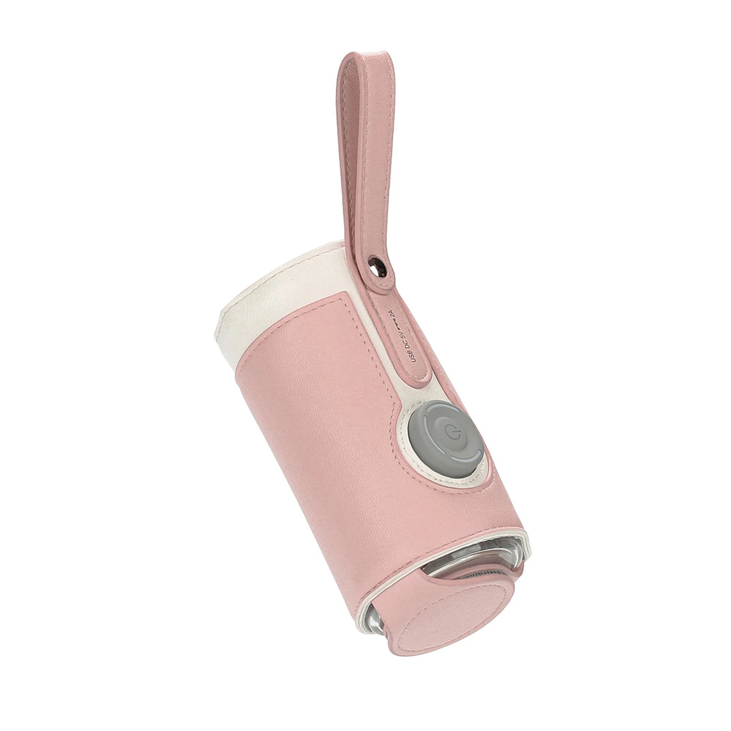 Portable USB Baby Bottle Warmer in pink with protective cover, power button and carrying strap.