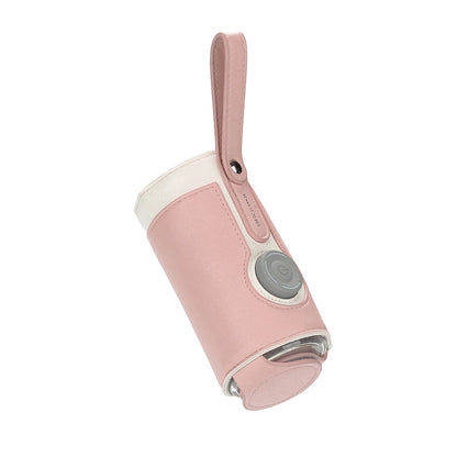 Portable USB Baby Bottle Warmer in pink with protective cover, power button and carrying strap.