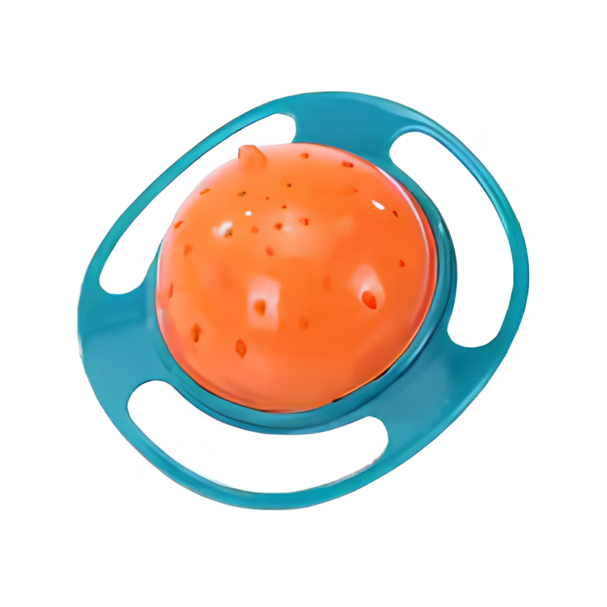 Spill proof gyro bowl for kids showing perforated bottom and 360 degree rotating design.