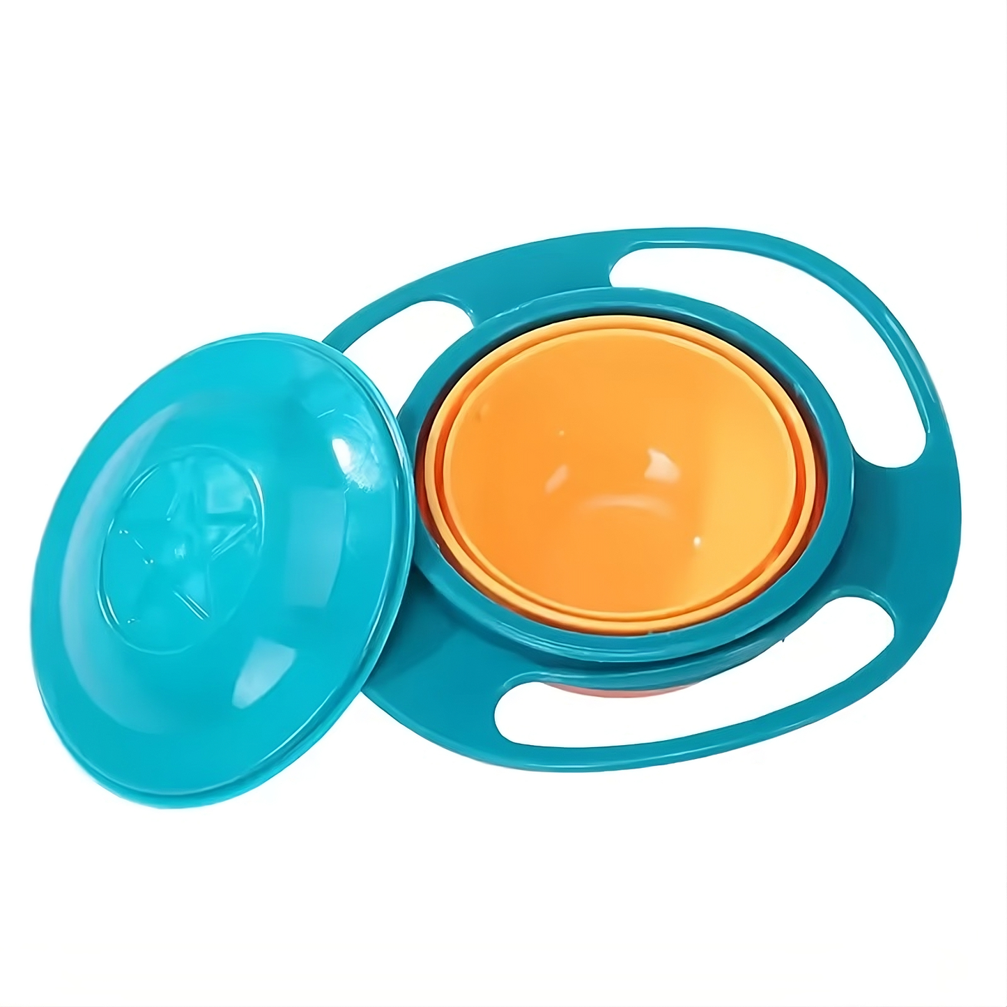 Sky blue spill proof gyro bowl for kids designed to reduce mess during meals.