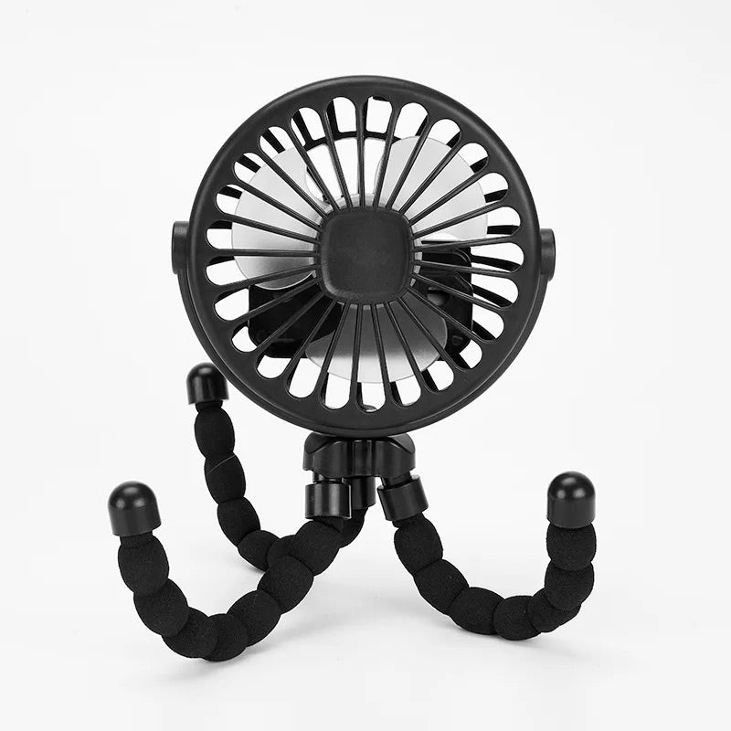 Compact black stroller fan with bendable tripod stand for prams and pushchairs.