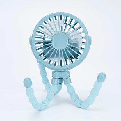 Blue stroller fan with flexible tripod legs designed for baby strollers.