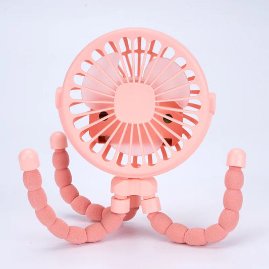 Baby stroller fan in pink with soft flexible legs for secure attachment.